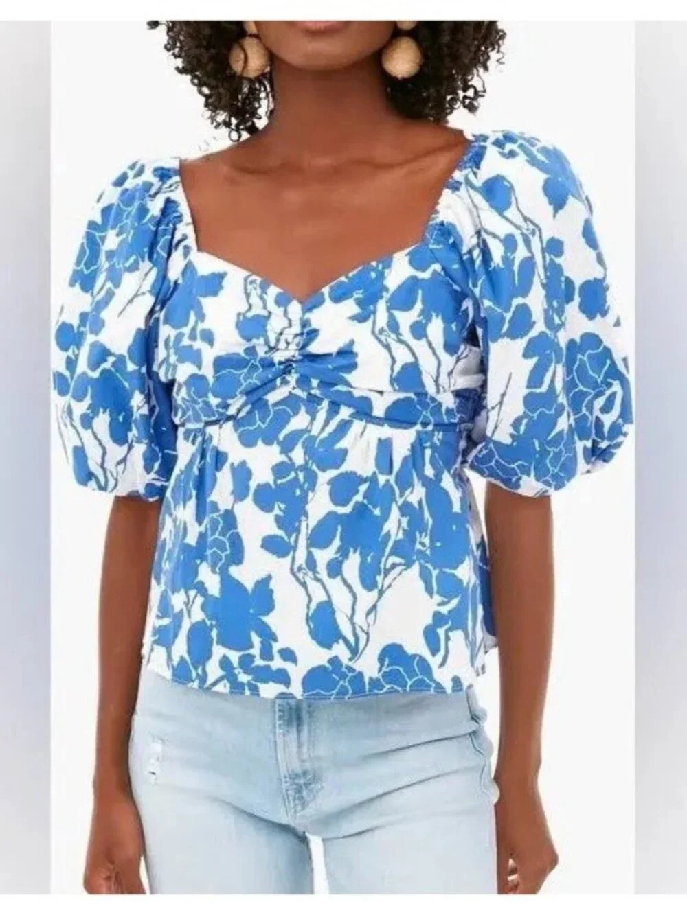 Hyacinth House by Tuckernuck Blue Fiouri Blouse size S Puff Sleeve Sweetheart